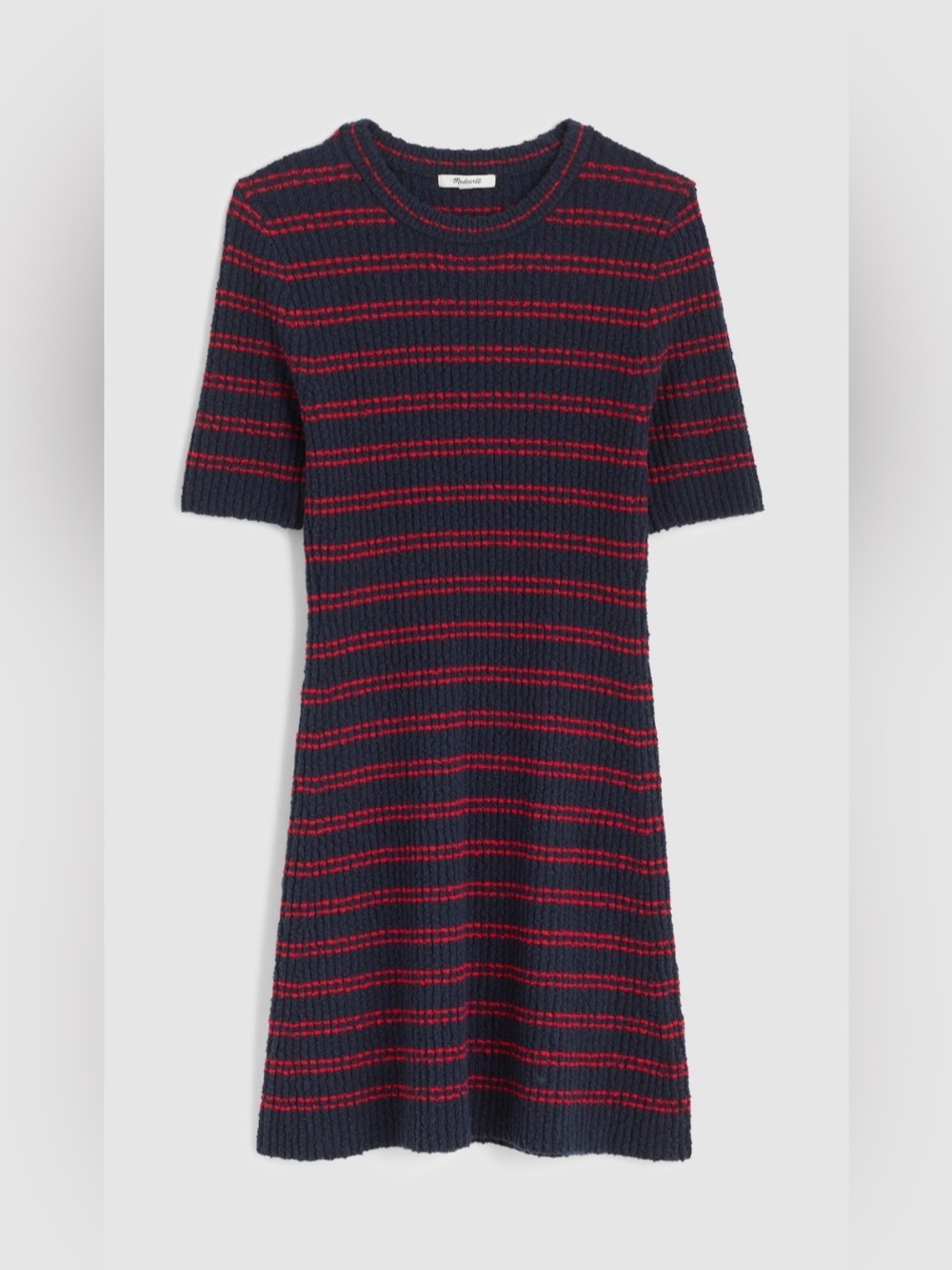 Madewell Ribbed A-Line Mini Short Sleeve Dress in Navy And Red Mini Stripe